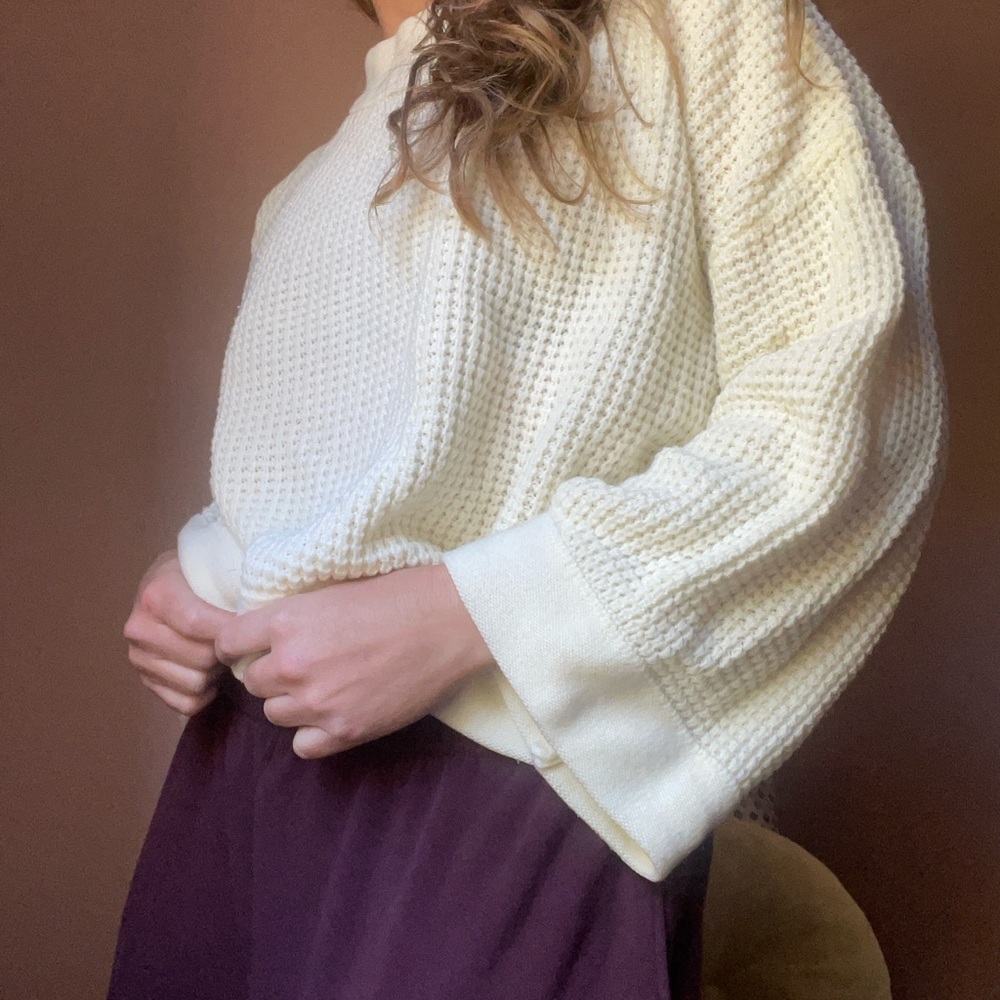 Listicle Cream Waffle-Knit Scoop Neck Sweater